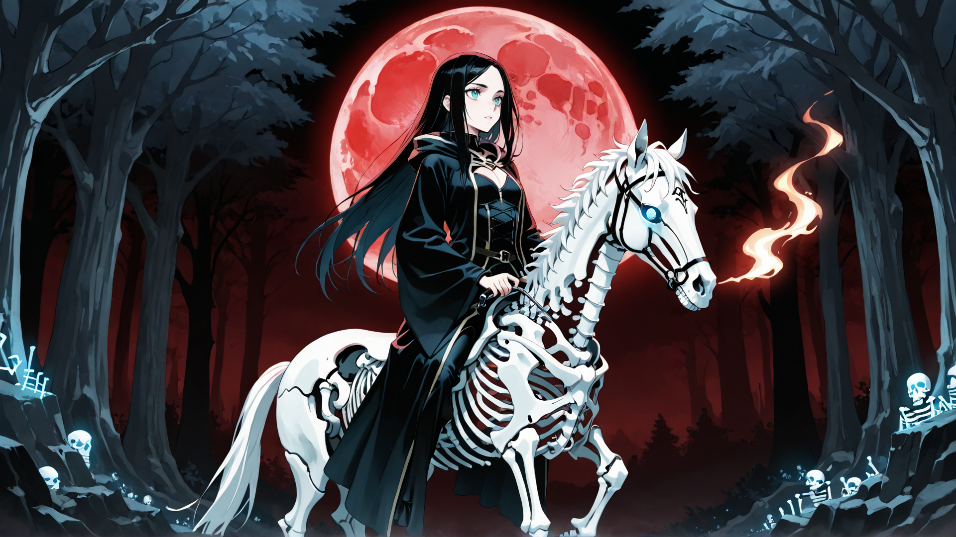 AI generated wallpaper featuring woman, skeleton horse, red moon, trees, skulls