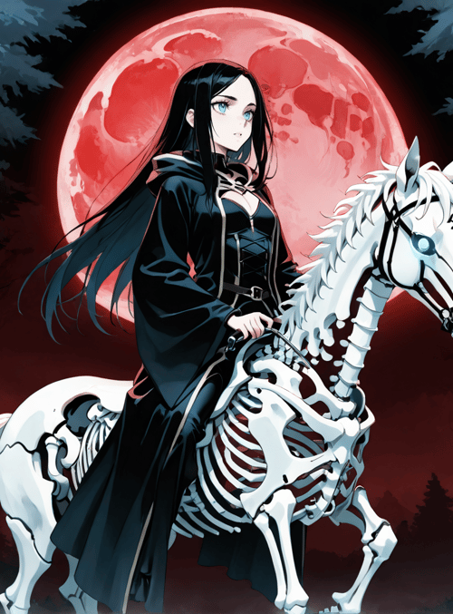 woman, skeleton horse, red moon, trees, skulls