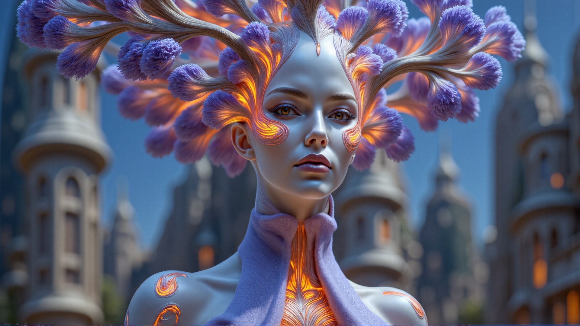 AI generated wallpaper featuring figure, antlers, cityscape, neon, ornament