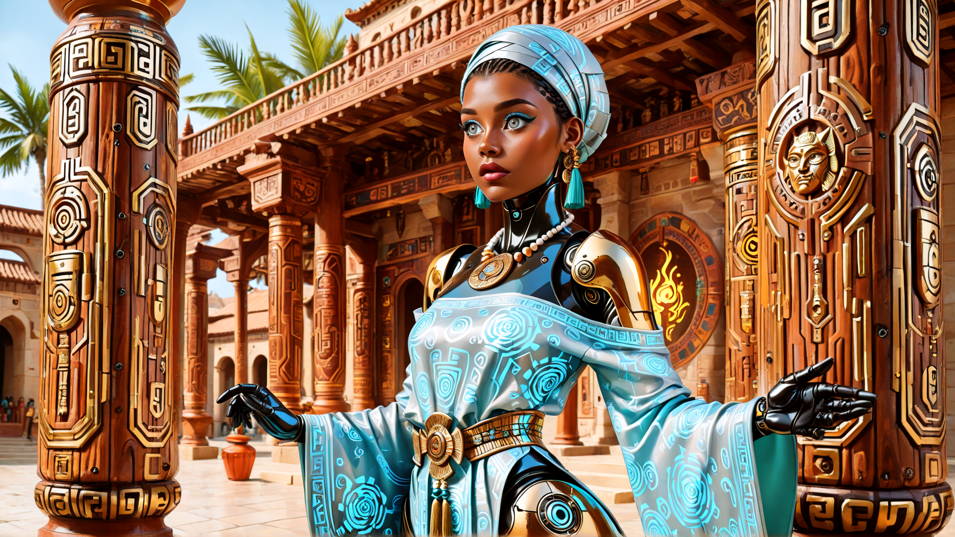 AI generated wallpaper featuring woman, robot, ancient building, columns, dress, jewelry