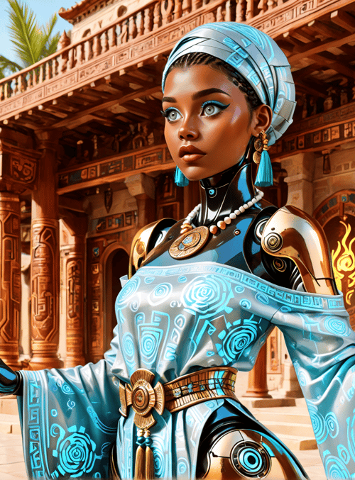 woman, robot, ancient building, columns, dress, jewelry