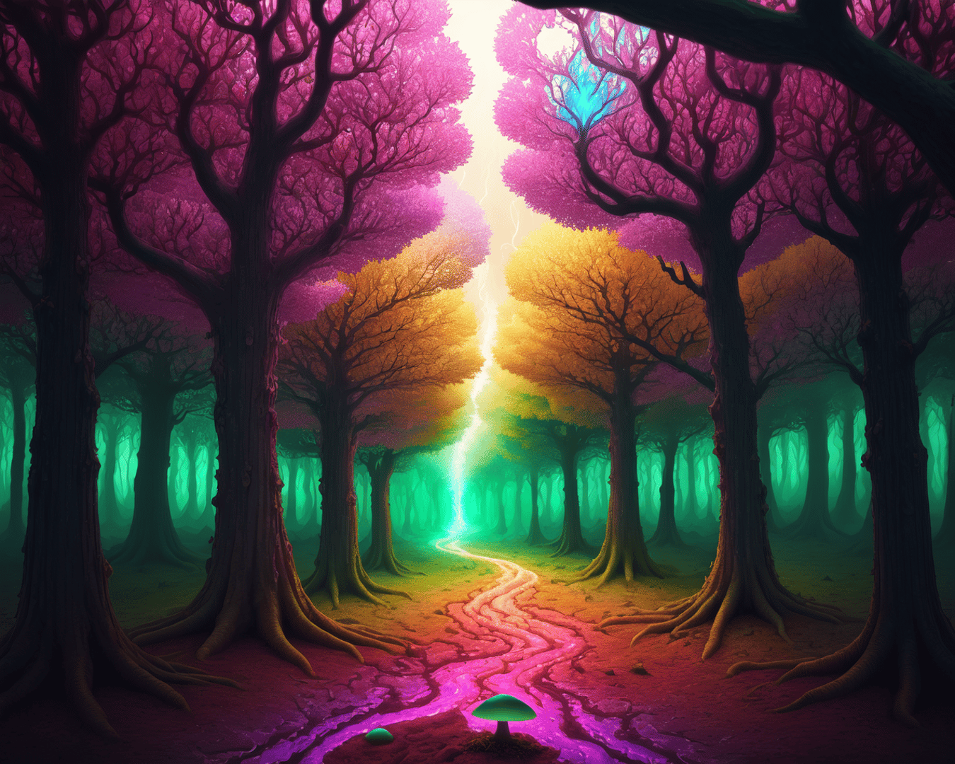 AI generated wallpaper featuring trees, path, forest
