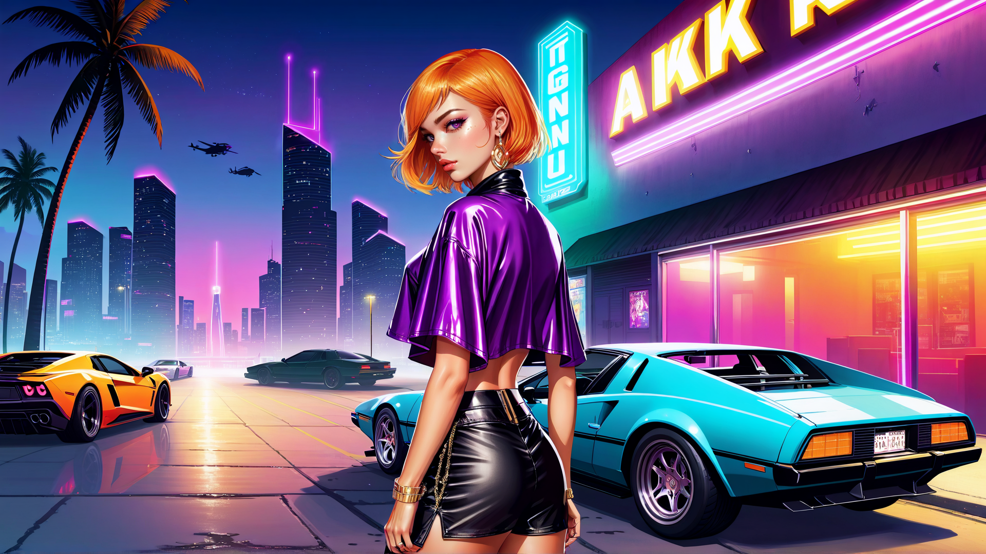 AI generated wallpaper featuring woman, cars, cityscape