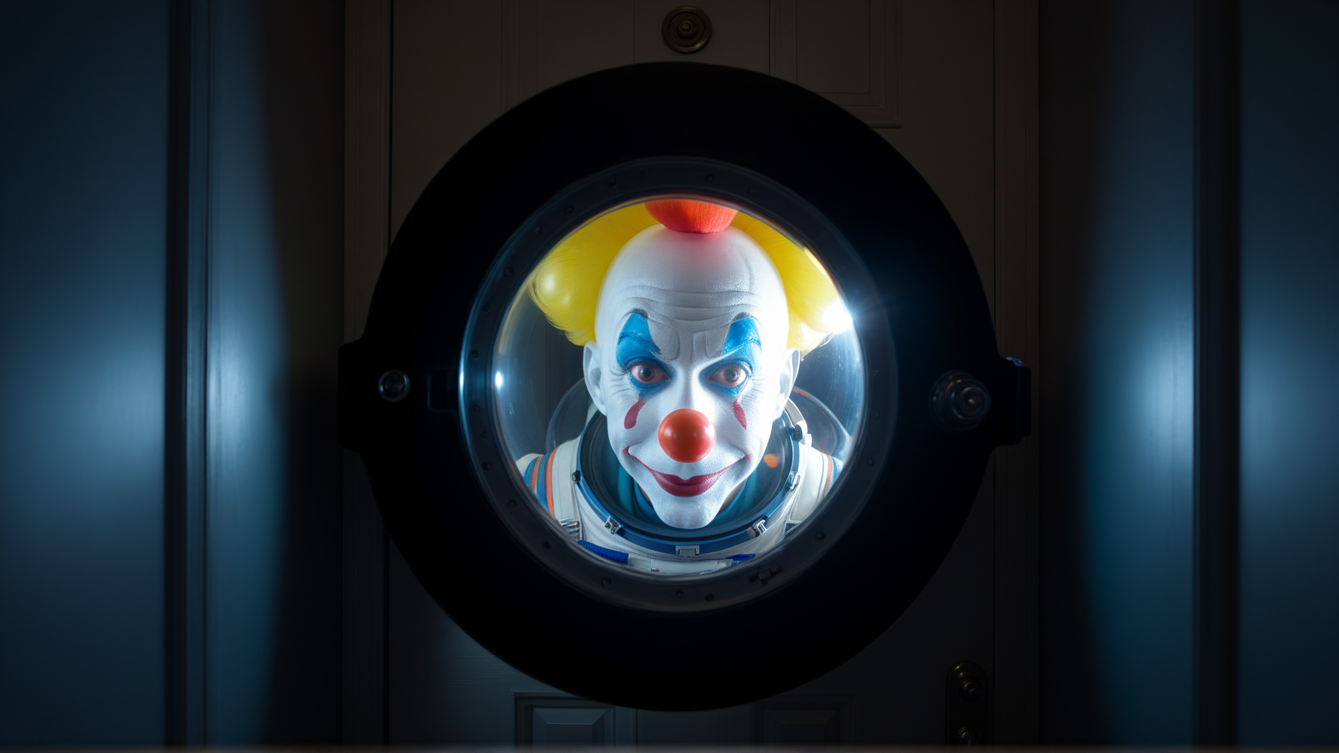 AI generated wallpaper featuring clown, astronaut, porthole