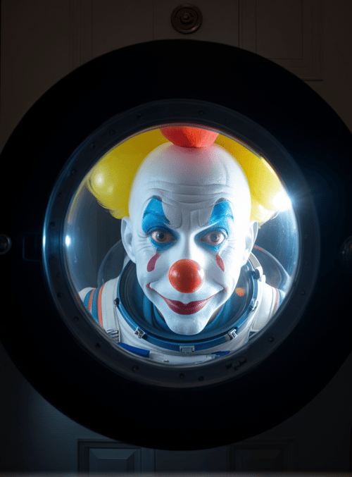 clown, astronaut, porthole