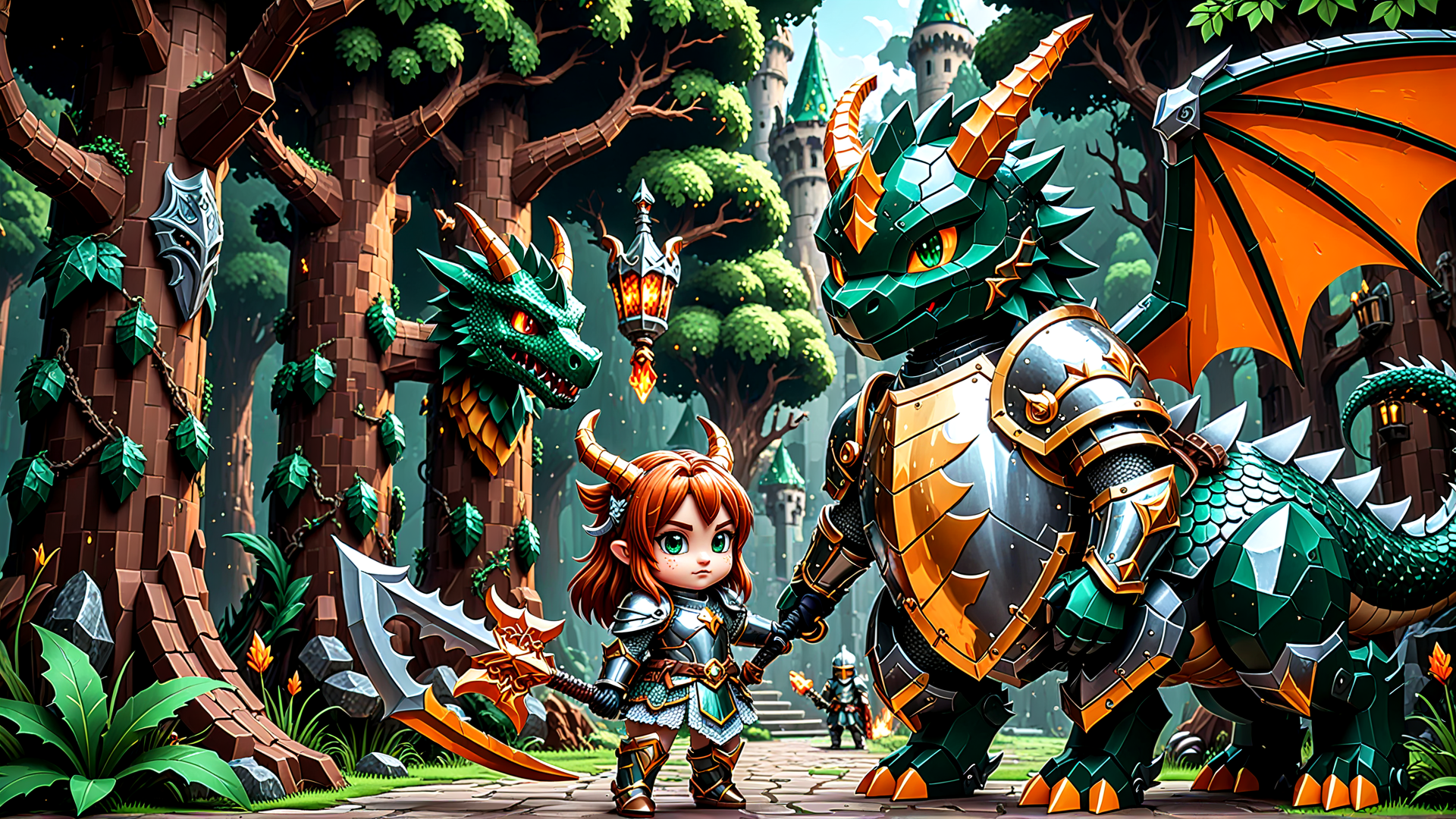 AI generated wallpaper featuring dragon, girl, armor, castle, tree, lantern, sword, castle tower, goblin, dragon head