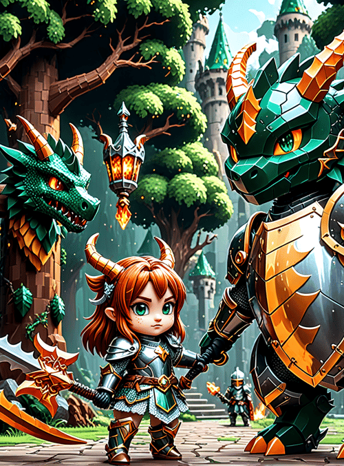 dragon, girl, armor, castle, tree, lantern, sword, castle tower, goblin, dragon head