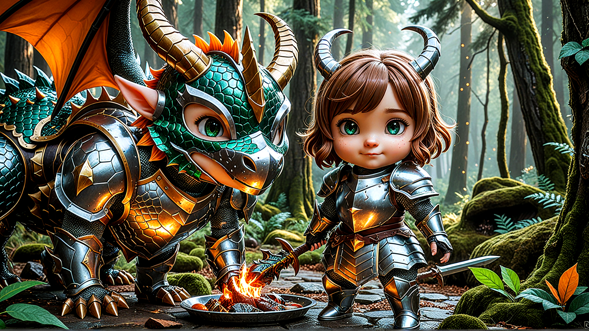 AI generated wallpaper featuring dragon, child, armor, forest, fire, sword, moss, trees, helmet, shield