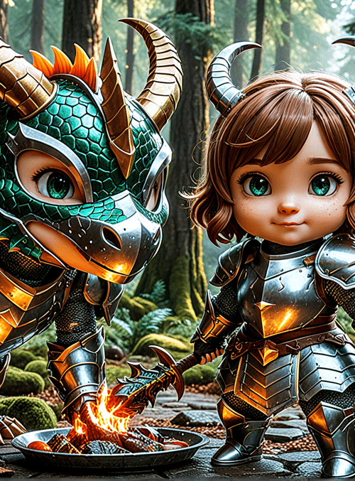 dragon, child, armor, forest, fire, sword, moss, trees, helmet, shield