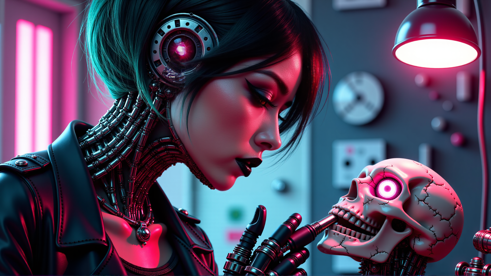 AI generated wallpaper featuring cyborg, skull, mechanical