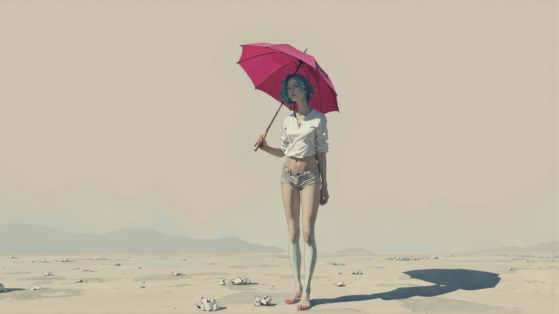 AI generated wallpaper featuring woman, umbrella, desert, sand, shoes, mountains, bones