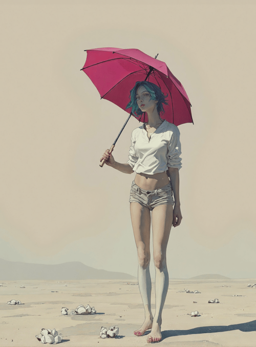 woman, umbrella, desert, sand, shoes, mountains, bones