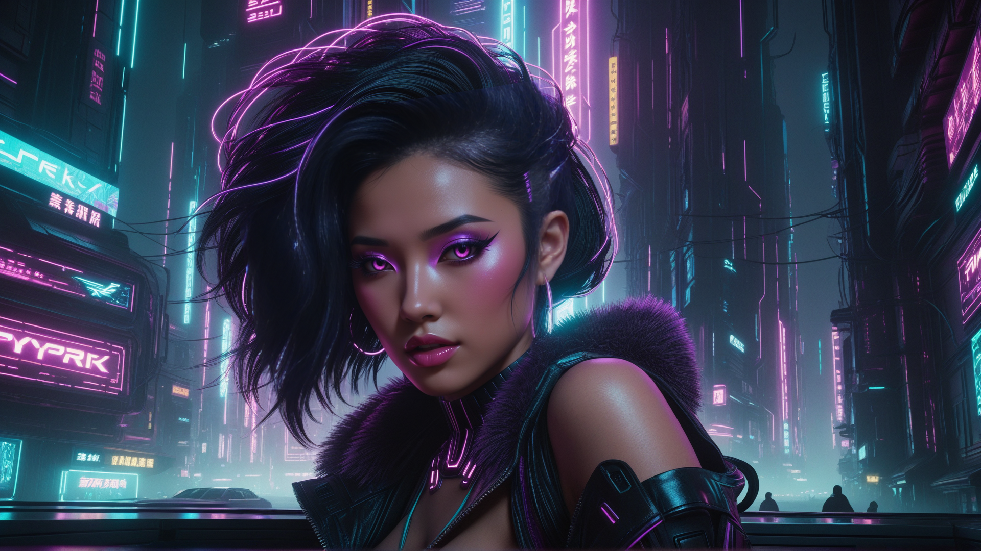 AI generated wallpaper featuring woman, cyberpunk, neon
