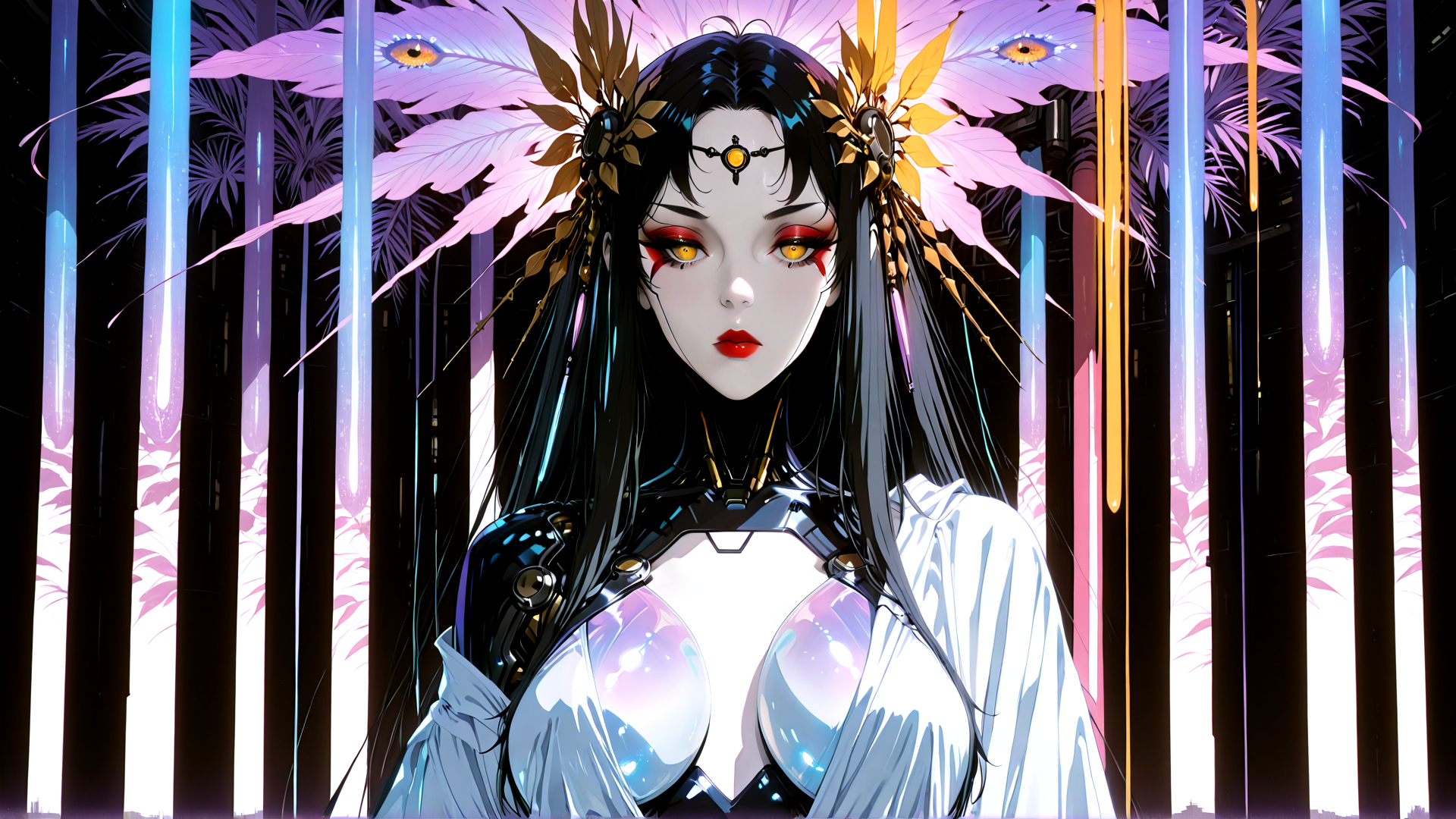 AI generated wallpaper featuring cyberpunk, woman, feathers, glasses, spheres