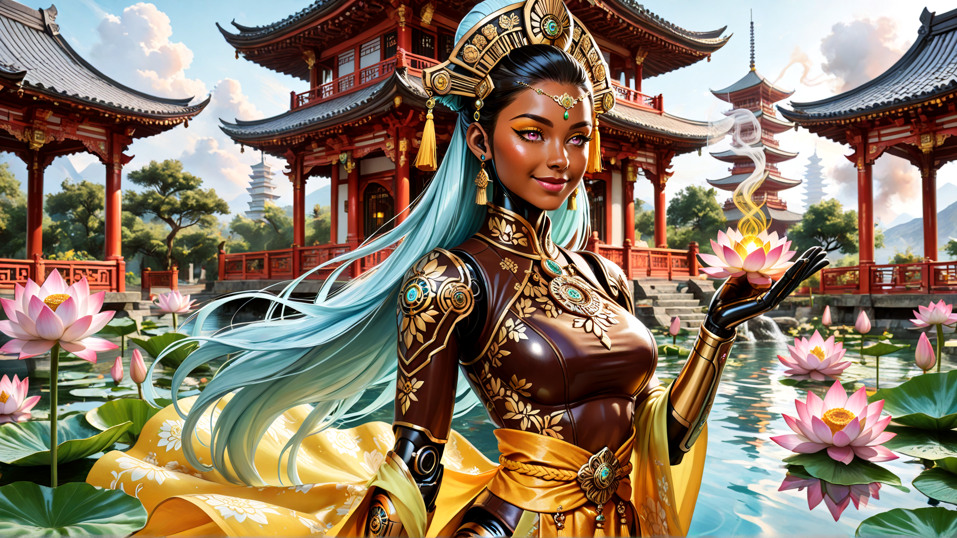 AI generated wallpaper featuring woman, lotus, dragon, garden, temple, jade, silk, statue, water, lotus pond
