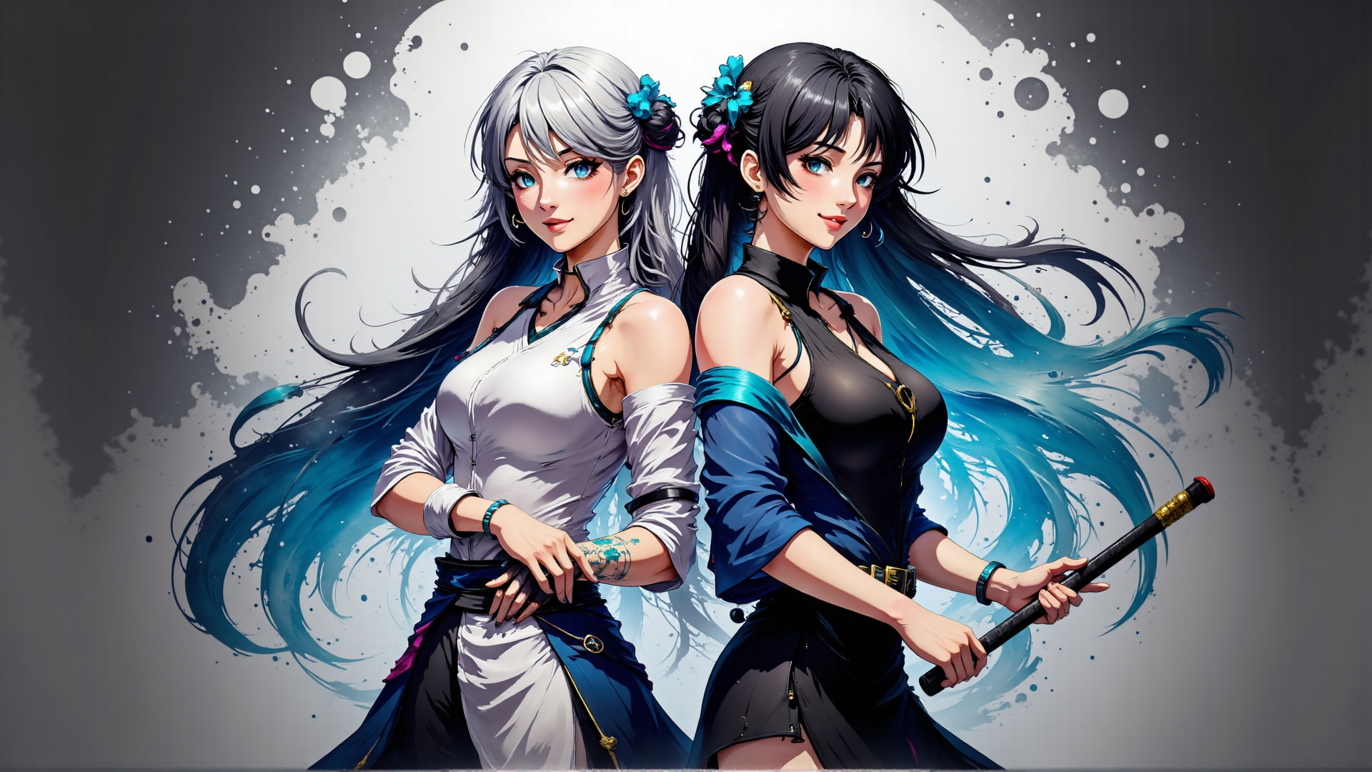 AI generated wallpaper featuring woman, sword, hair, flower, jacket, dress