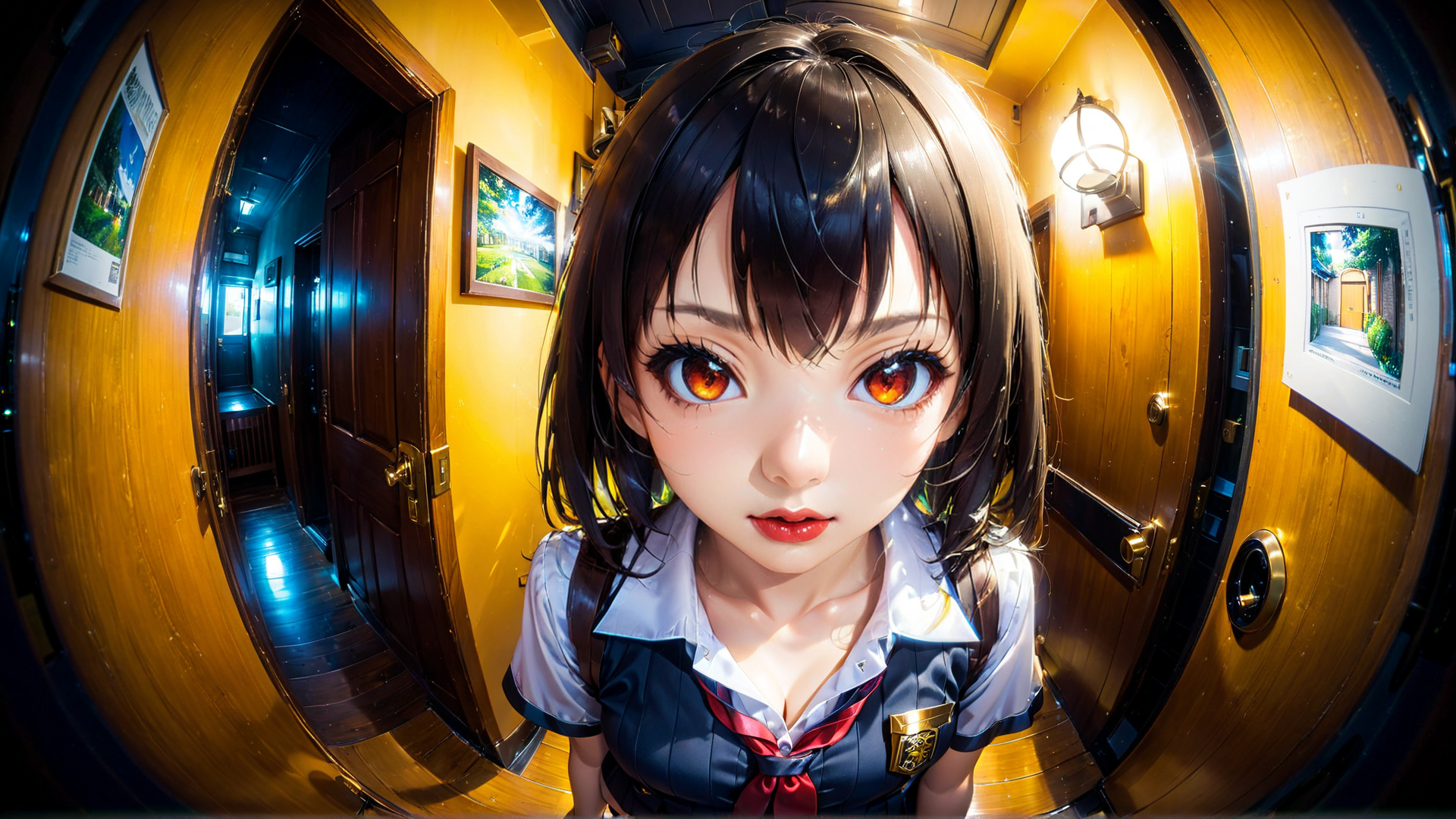 AI generated wallpaper featuring girl, school uniform, corridor, door, picture, lamp, fisheye, anime, hair, eyes