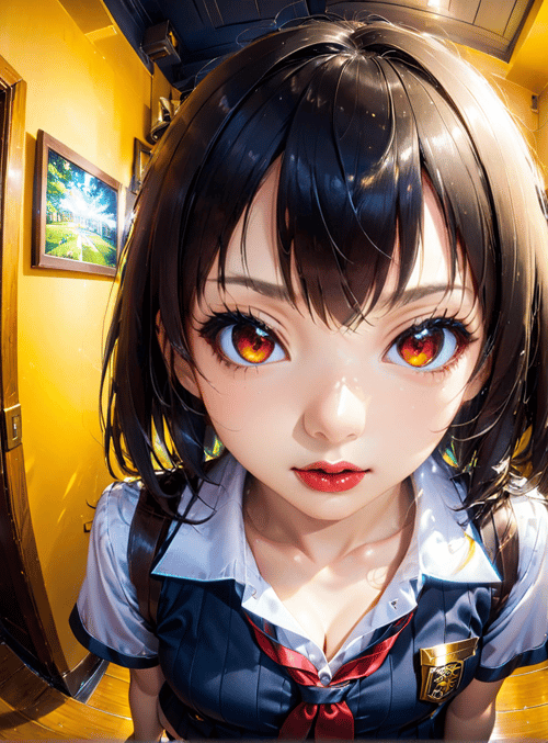 girl, school uniform, corridor, door, picture, lamp, fisheye, anime, hair, eyes