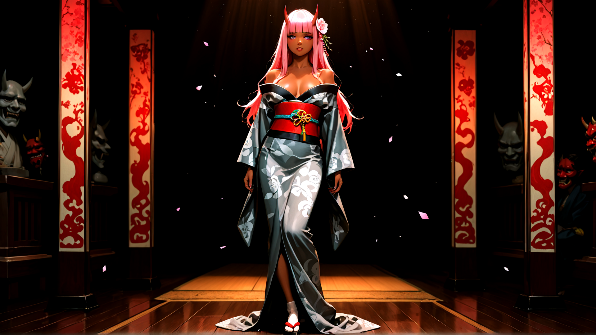 AI generated wallpaper featuring woman, kimono, pink hair, devil horns, flower