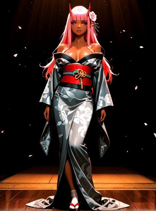 woman, kimono, pink hair, devil horns, flower