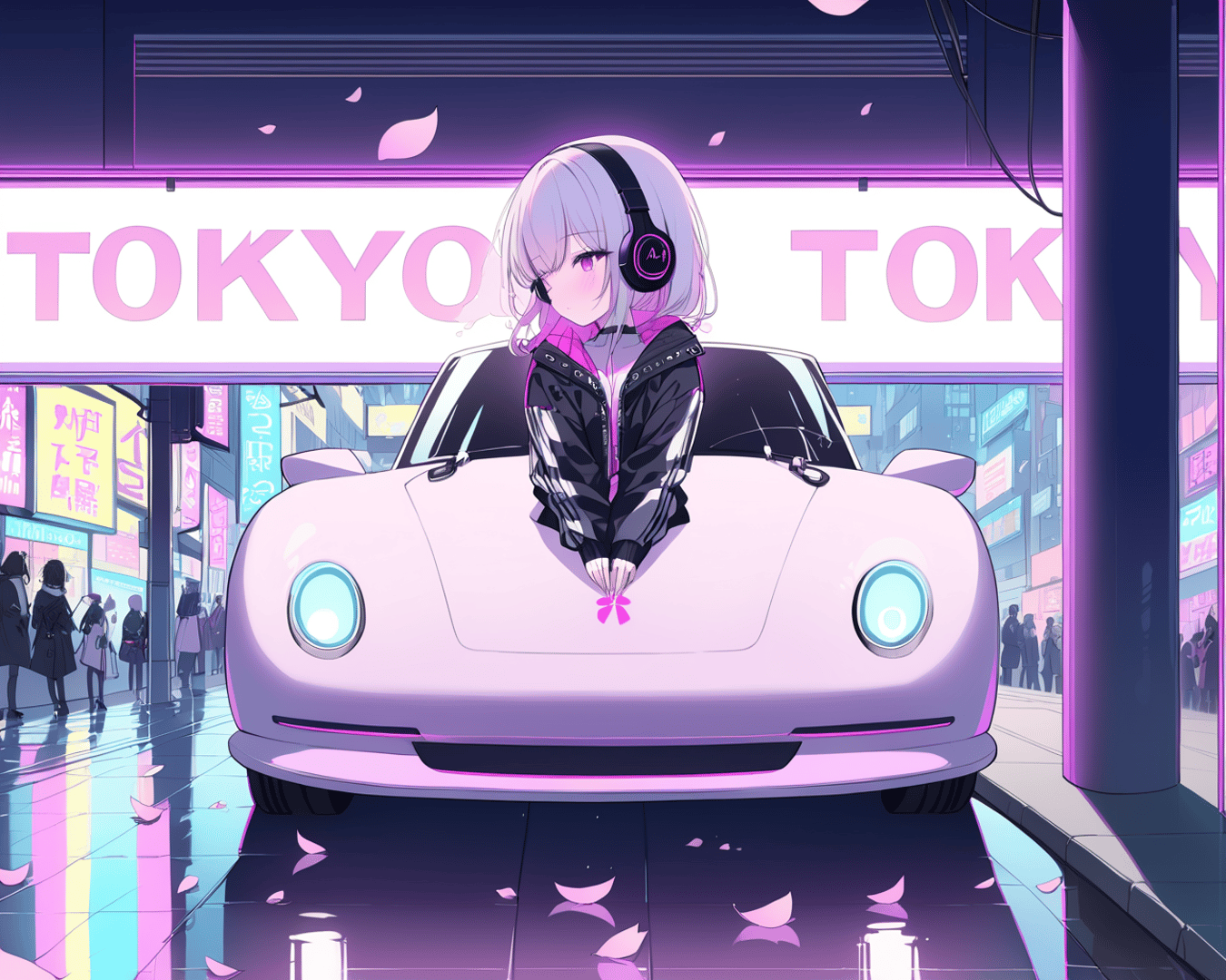 AI generated wallpaper featuring anime girl, car, city