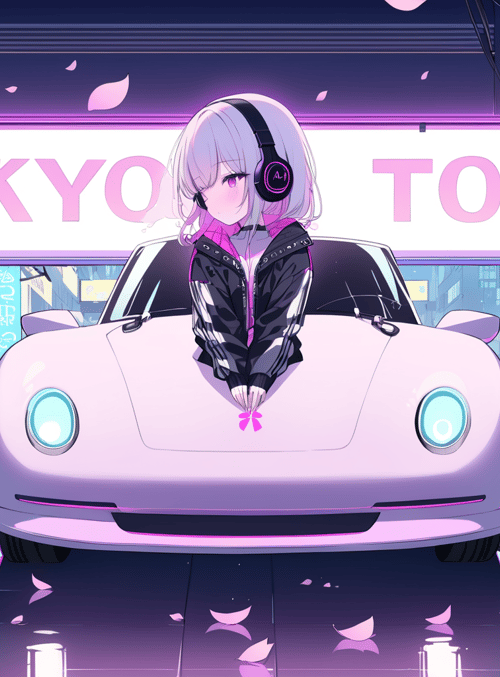 anime girl, car, city