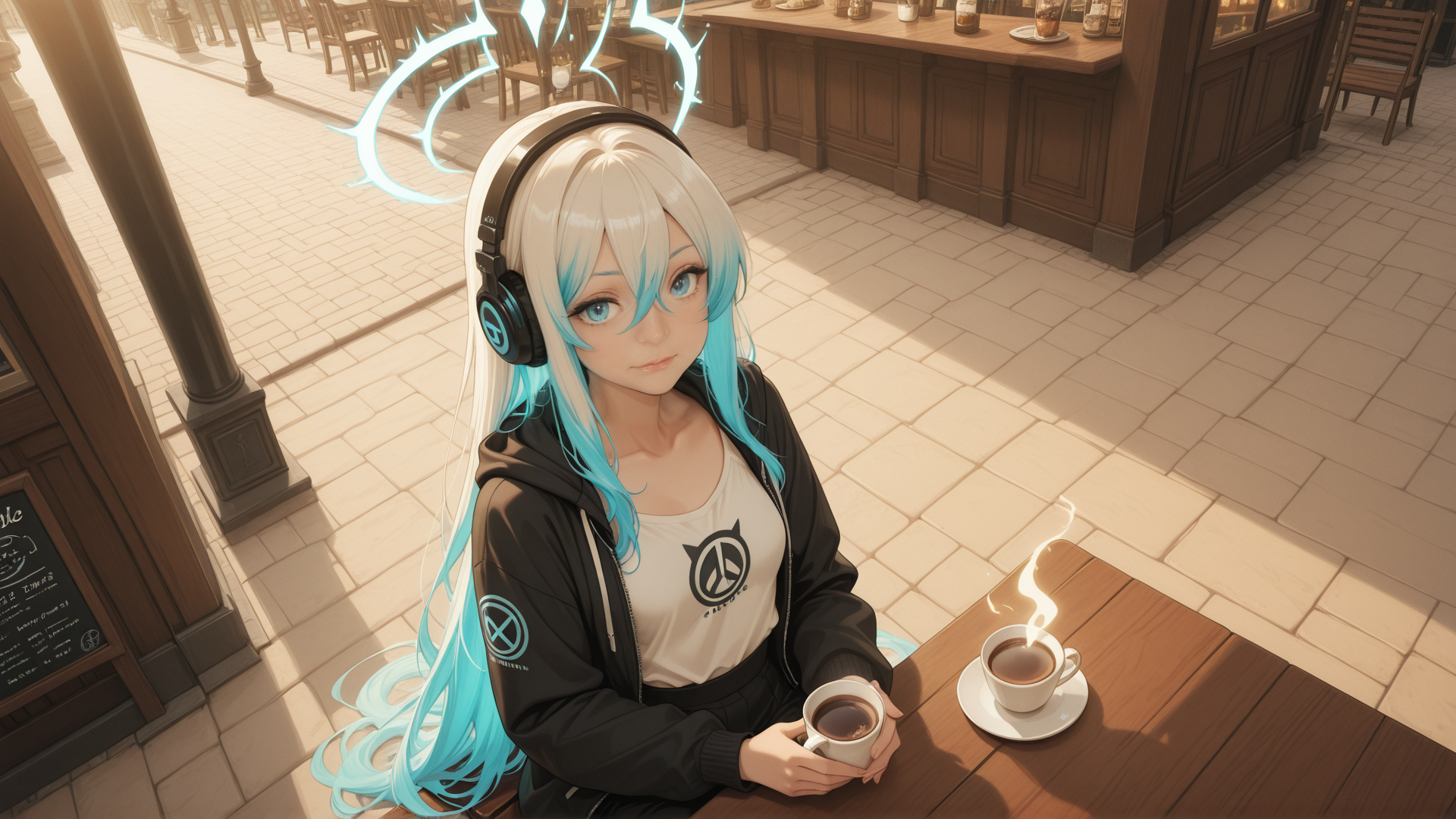 AI generated wallpaper featuring girl, anime, headphones, coffee, cafe, table, chair, street, hat, bar