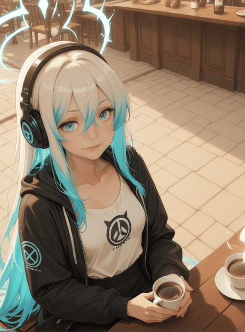 girl, anime, headphones, coffee, cafe, table, chair, street, hat, bar