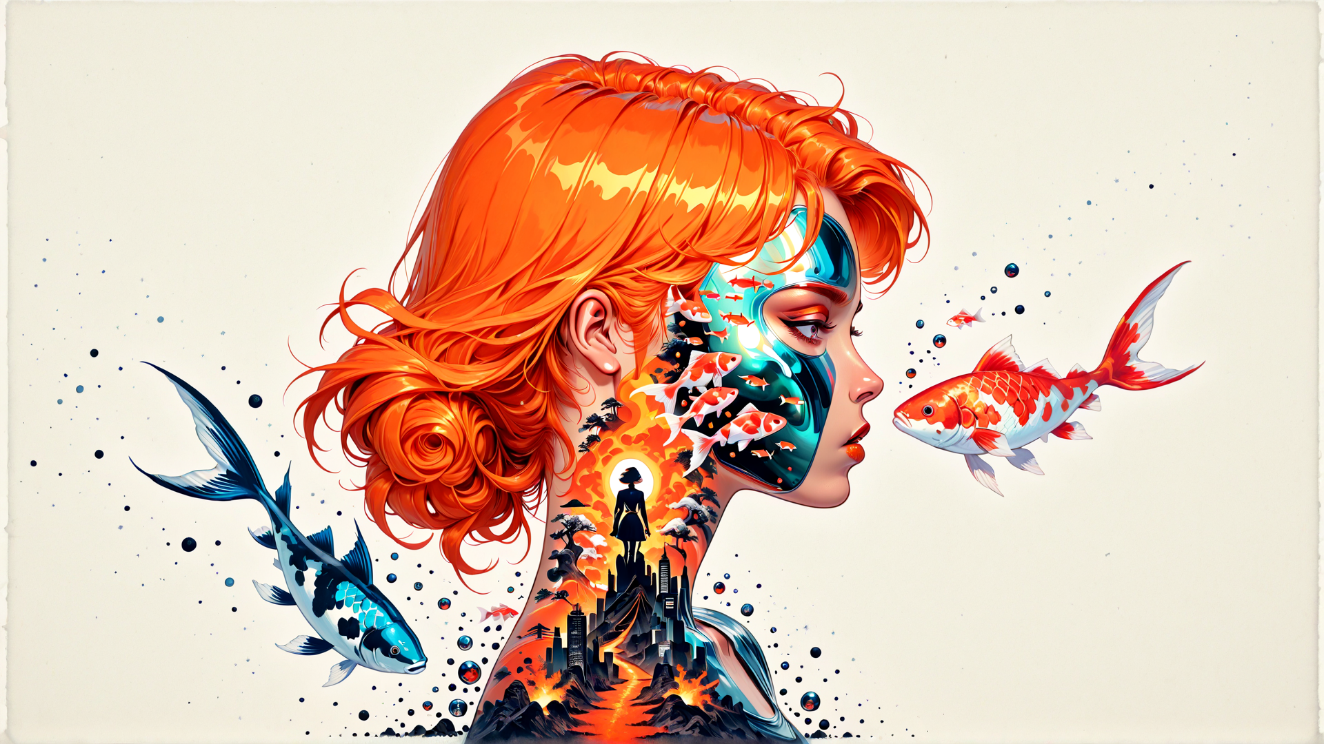 AI generated wallpaper featuring girl, fish, koi, dragon, city, sun, mountain, sunset, glossy, art