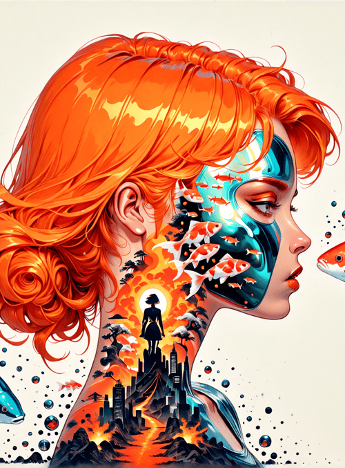 girl, fish, koi, dragon, city, sun, mountain, sunset, glossy, art