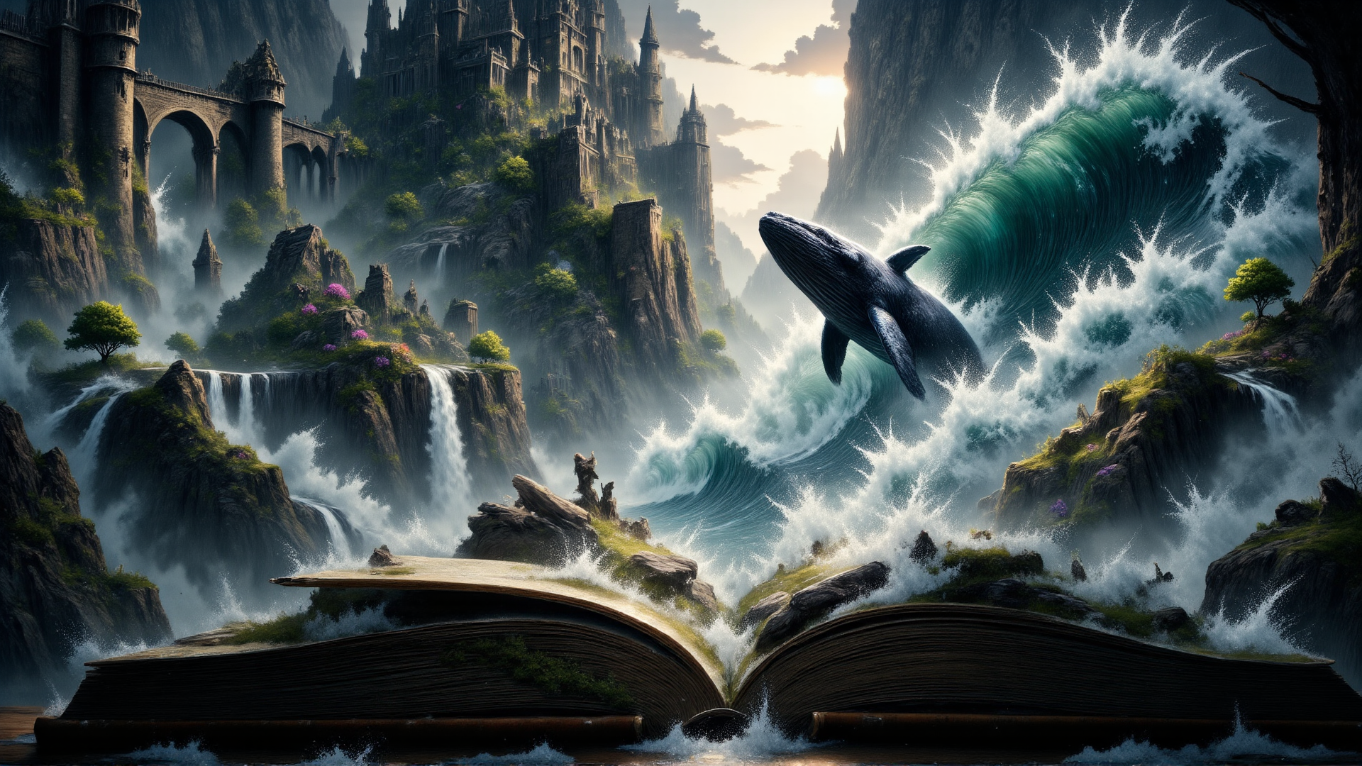 AI generated wallpaper featuring whale, book, castle, wave, waterfall, mountain, tree, fountain, arch, bridge