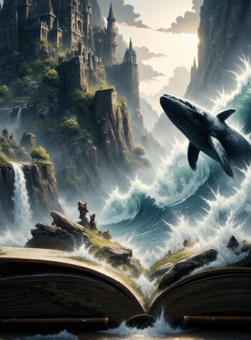 whale, book, castle, wave, waterfall, mountain, tree, fountain, arch, bridge