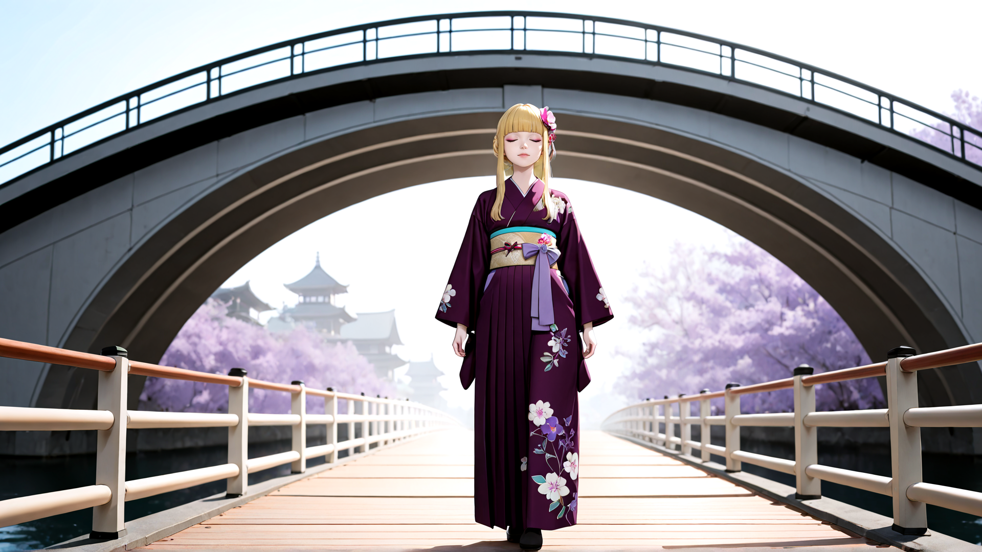 AI generated wallpaper featuring woman, kimono, bridge, cherry blossoms, building