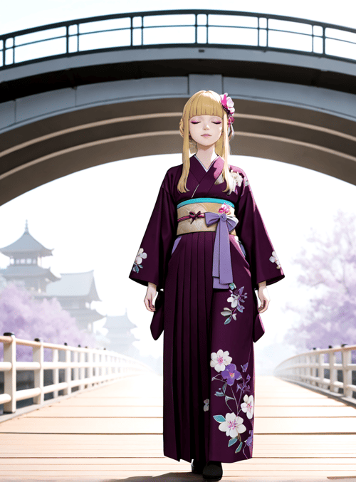 woman, kimono, bridge, cherry blossoms, building