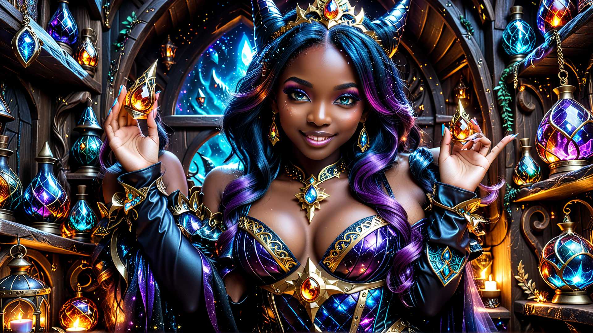AI generated wallpaper featuring woman, witch, dragon, magic, lantern, ornament, gem, dress, horn, crown