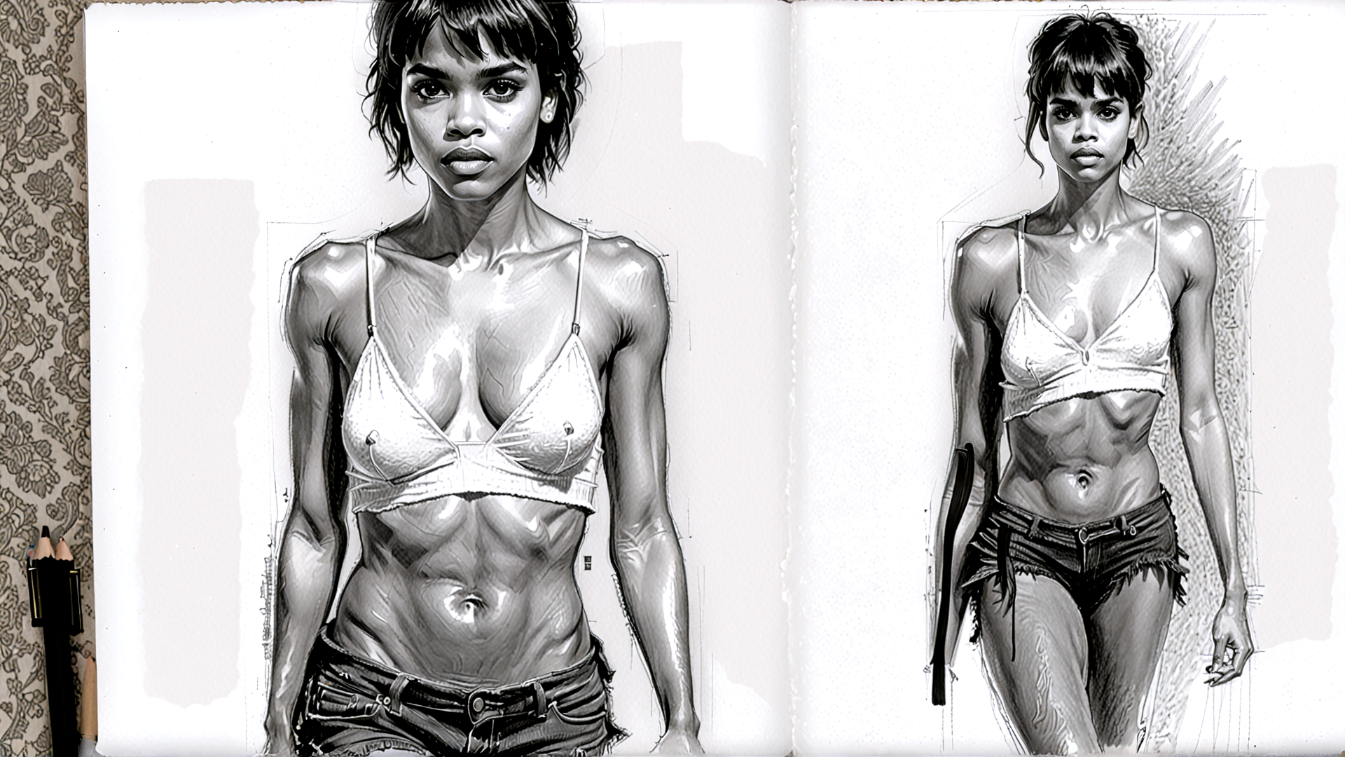 AI generated wallpaper featuring woman, sketch, bikini, pants, artwork, figure, doodle
