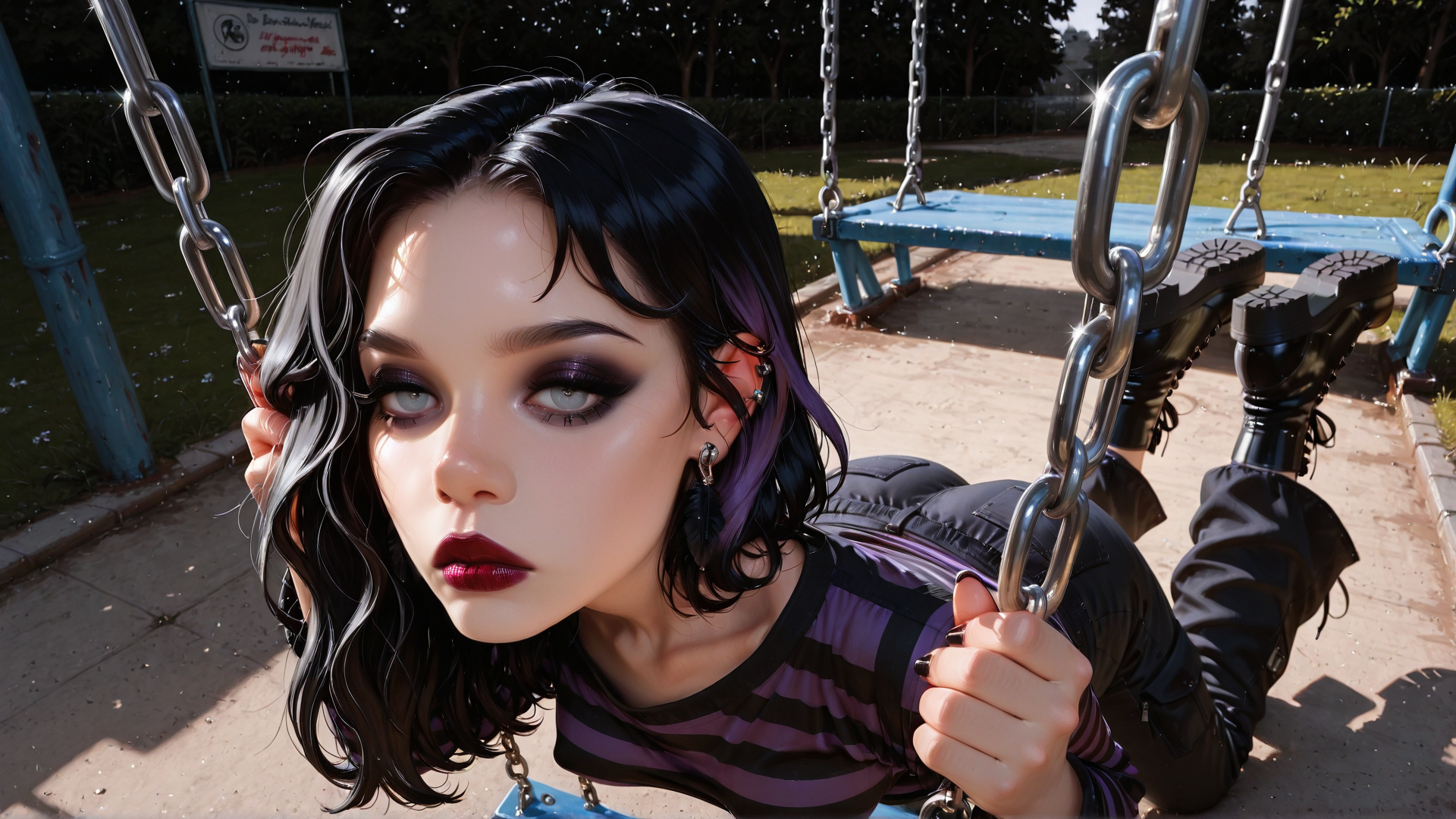 AI generated wallpaper featuring woman, swings, chains, gloves, park, shoes, hair