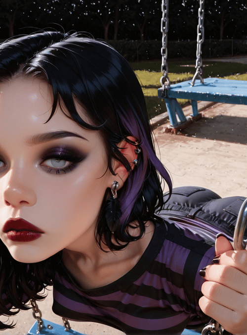 woman, swings, chains, gloves, park, shoes, hair