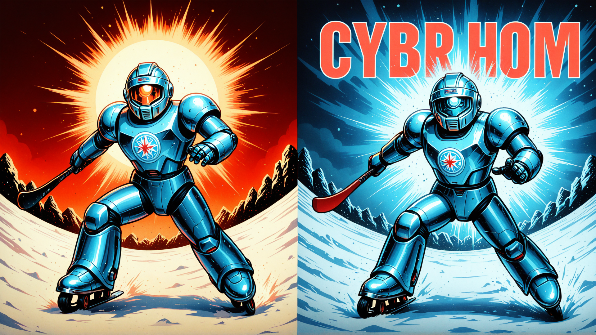 AI generated wallpaper featuring robot, hockey, skates, mountains, sun, stars