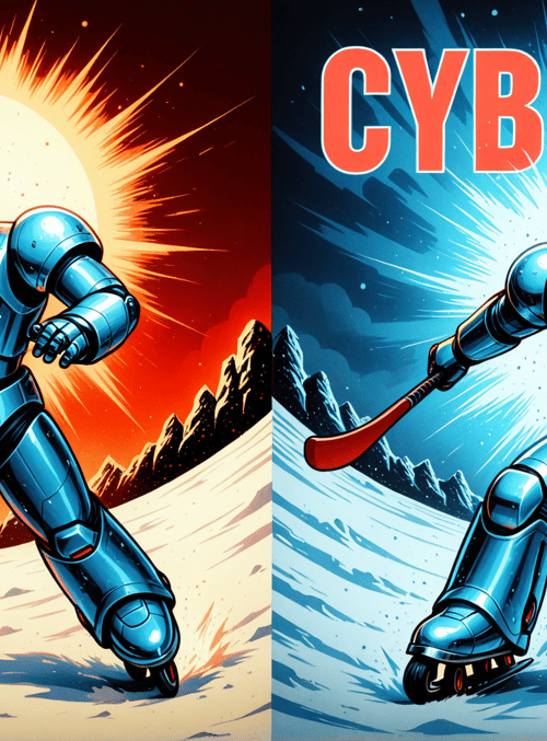 robot, hockey, skates, mountains, sun, stars