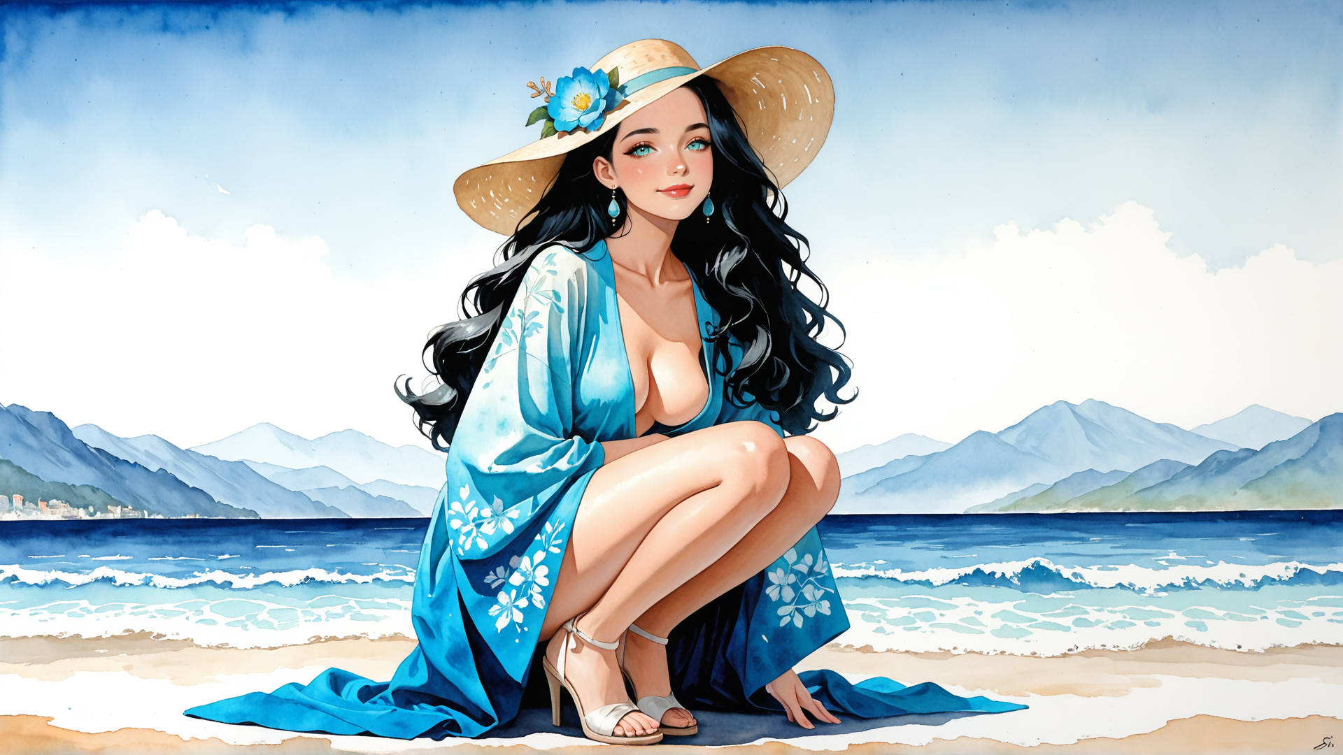 AI generated wallpaper featuring woman, beach, hat, dress, sand, sea, mountains, shoes, flower, hills