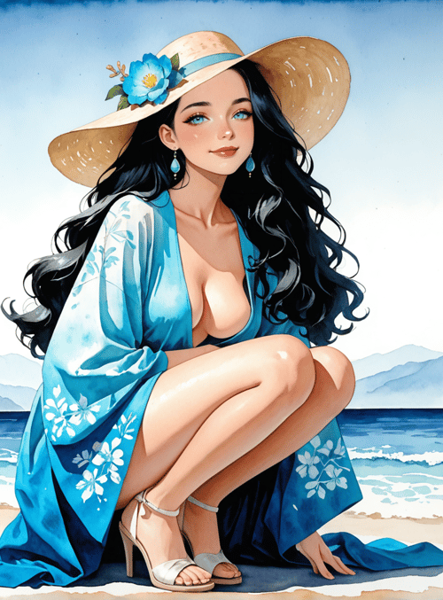 woman, beach, hat, dress, sand, sea, mountains, shoes, flower, hills