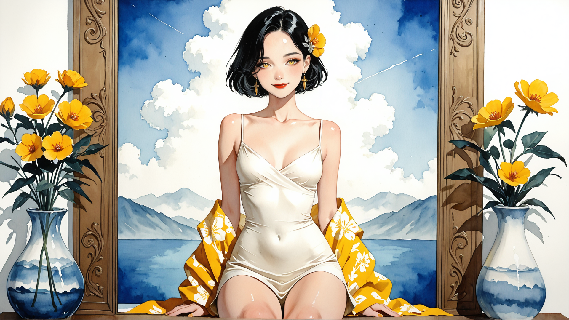 AI generated wallpaper featuring woman, flowers, vase, dress, mountains, sky, clouds, earrings, flower, shadows