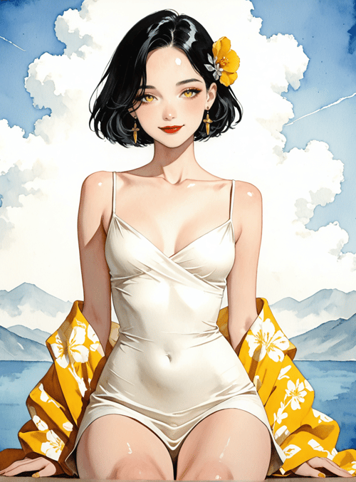 woman, flowers, vase, dress, mountains, sky, clouds, earrings, flower, shadows