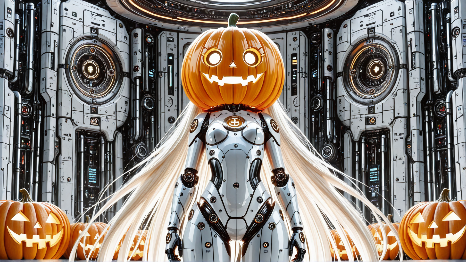 AI generated wallpaper featuring robot, pumpkin, halloween, cyberpunk, long hair, spaceship, jack-o'-lantern