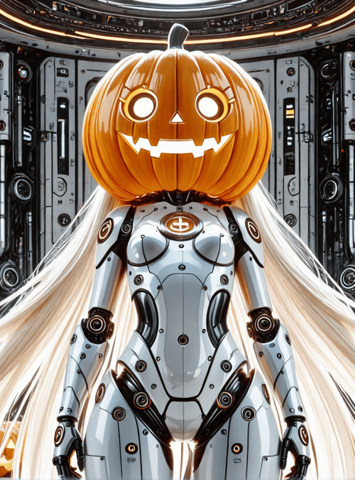 robot, pumpkin, halloween, cyberpunk, long hair, spaceship, jack-o'-lantern