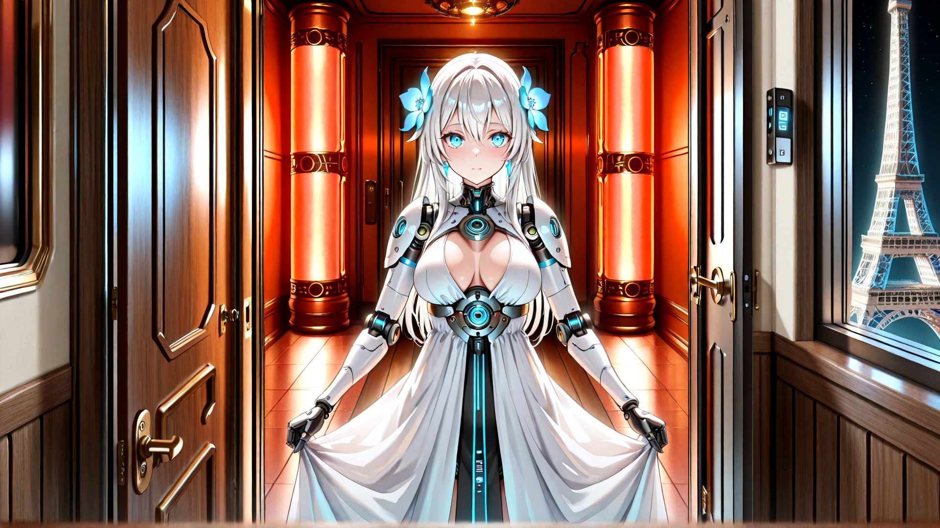 AI generated wallpaper featuring robot, anime girl, eiffel tower, corridor, door