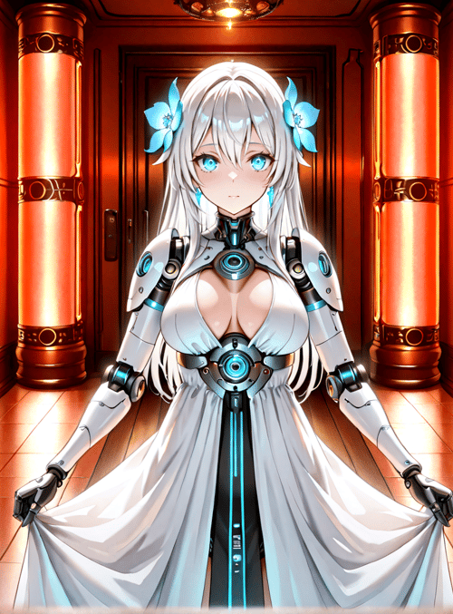 robot, anime girl, eiffel tower, corridor, door