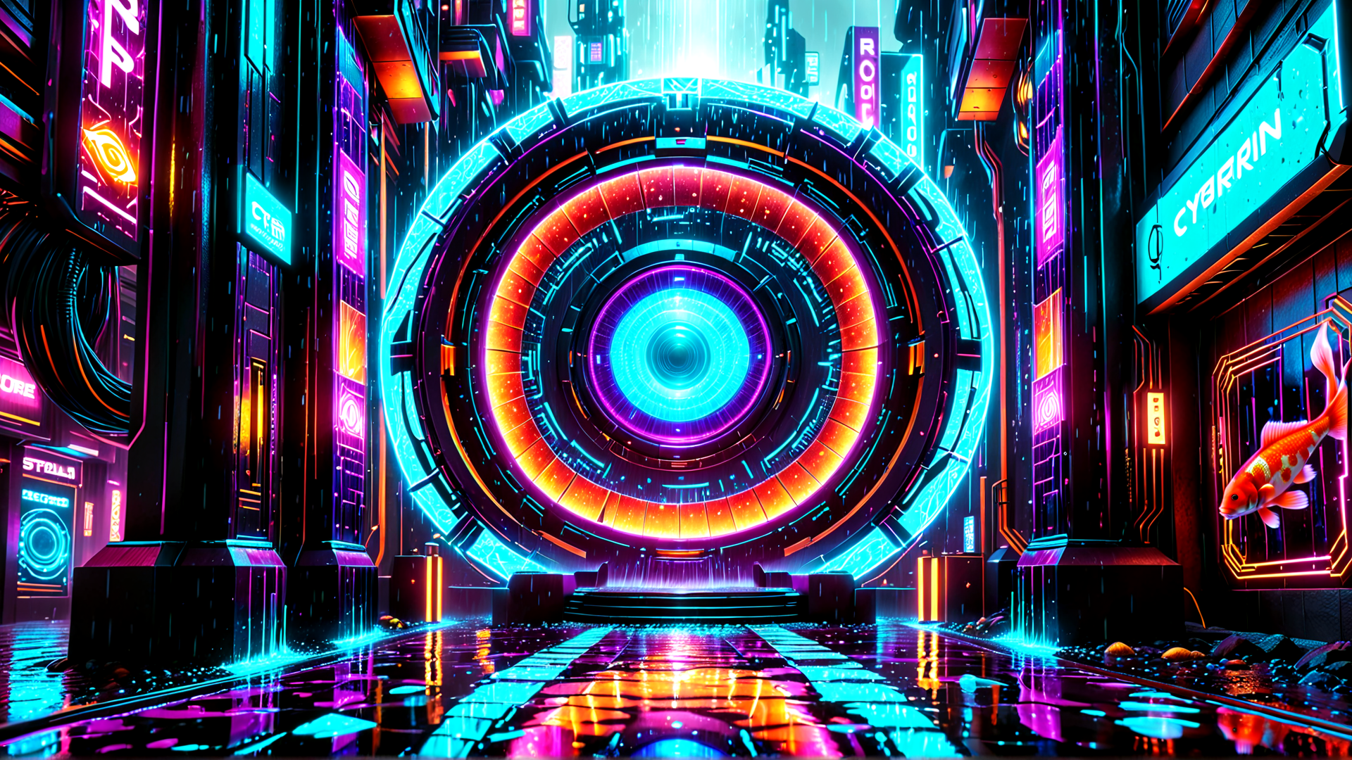 AI generated wallpaper featuring portal, city, neon, building, fish, sign, rain, street, light, tech
