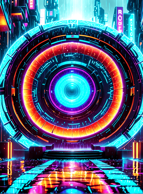 portal, city, neon, building, fish, sign, rain, street, light, tech